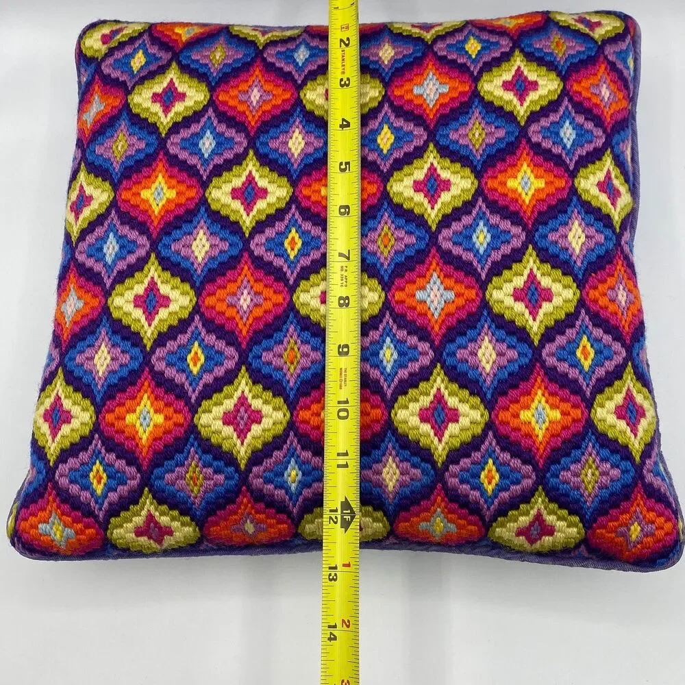 Bargello Needlepoint Pillow Vintage Groovy Throw Pillow w Purple Velvet Backside